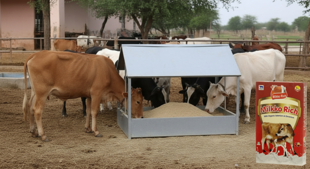 Cattle consuming free-choice loose mineral blend from a feeder on a farm