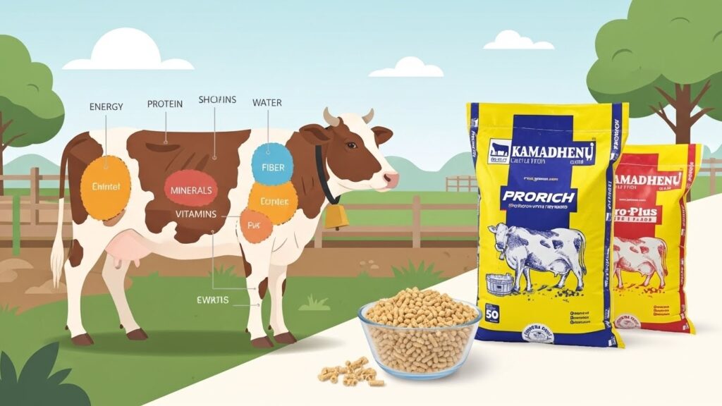 Dairy cows eating balanced feed to support milk production and rumen health