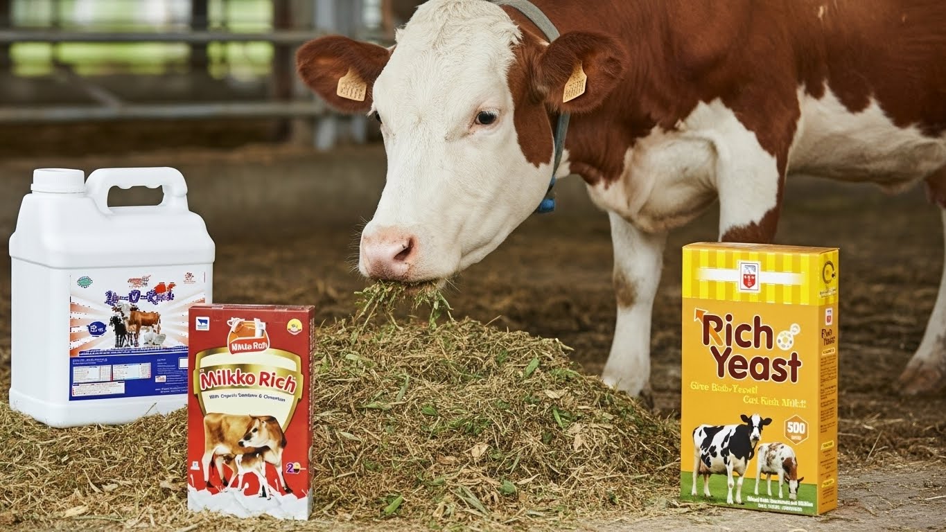 Cattle feed supplements supporting higher milk yield.