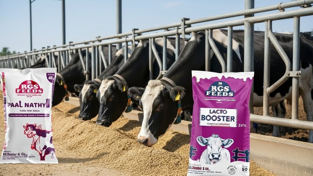 High-yield dairy cows fed balanced feed for healthy milk production