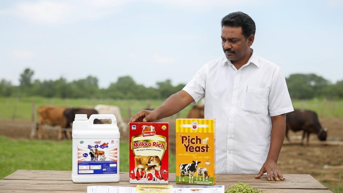 Farmer choosing the right cattle feed supplement