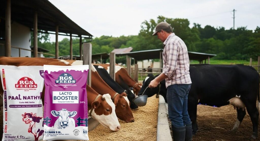 Small dairy farmers using organic cattle feed for healthy cows and premium milk