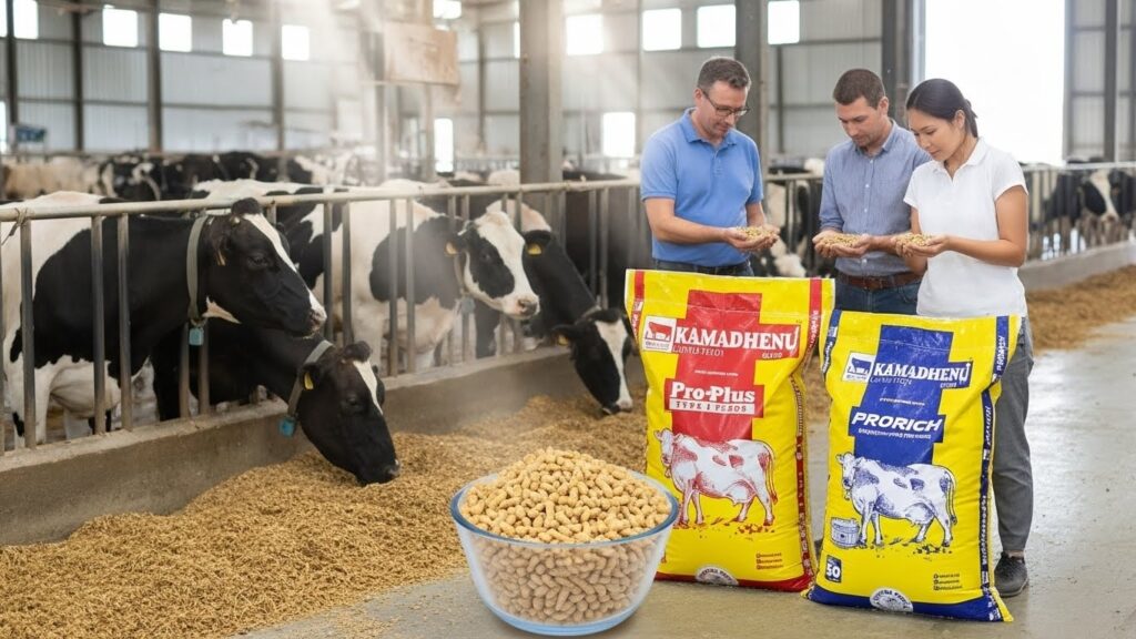 Healthy cows fed with quality cattle feed on a dairy farm