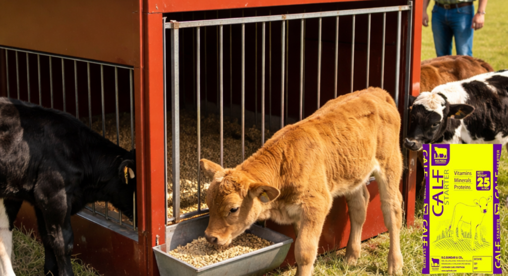 Dairy calves starting creep feeding at 2–4 weeks with RGS Feeds starter feed