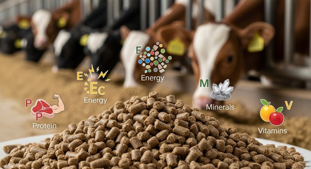 Healthy calves eating balanced feed with protein, vitamins, and minerals from RGS Feeds