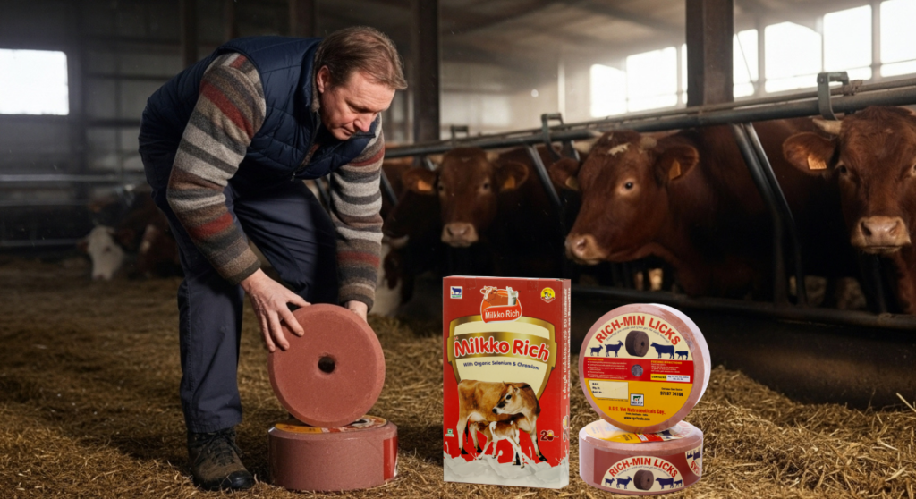 Healthy cows feeding on mineral blocks and vitamin supplements during cold winter