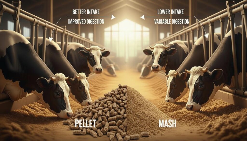 Pellets vs mash feed showing balanced nutrients and better digestion