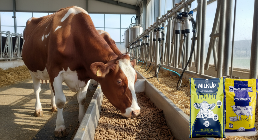 Dairy cows consuming nutritious feed to support milk production and overall health