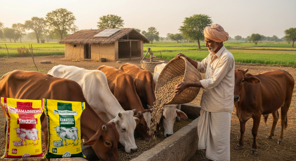 Farmer feeding cows with organic cattle feed in a rural dairy farm