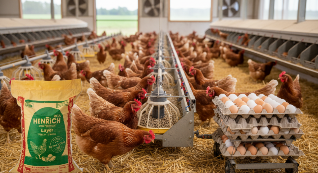 Daily feeding routine of hens with high-quality feed supporting consistent egg production