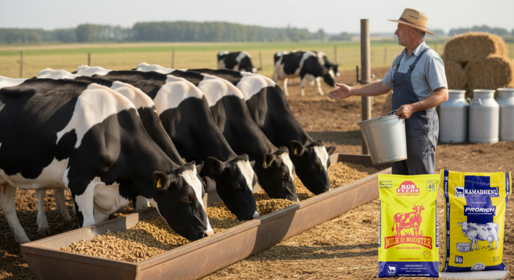 Healthy dairy cows eating balanced cattle feed for better milk yield