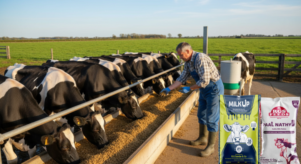 Healthy dairy cows receiving proper cattle feed for increasing milk yield