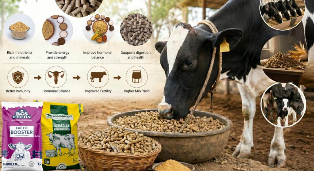 Healthy dairy cow consuming nutrient-rich feed to naturally improve fertility and reproductive health.
