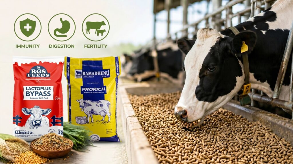 Cow eating nutritious feed for better immunity and fertility