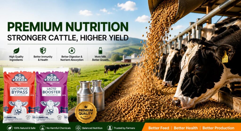 Quality dairy cattle feed providing protein-rich nutrition for healthy cows and increased milk production