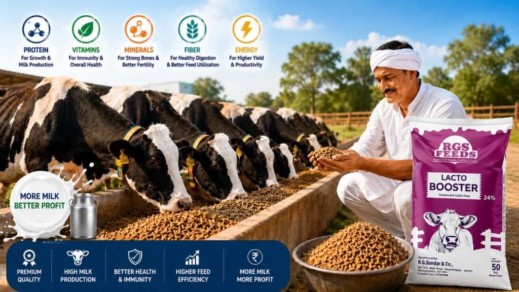 Quality cattle feed supporting healthy dairy cows and higher milk production