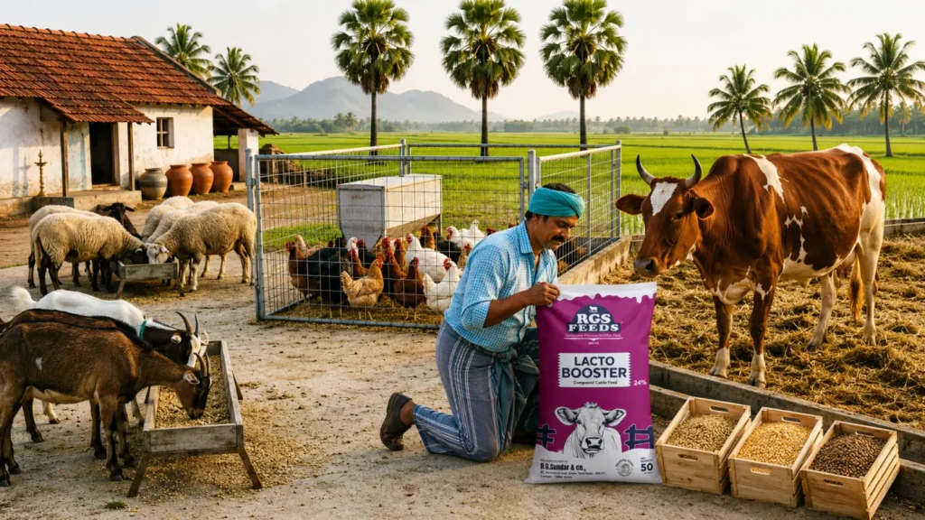 Farmer choosing best high protein livestock feed